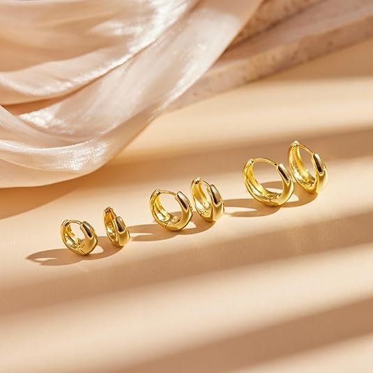 3 Pairs Gold Chunky Hoop Earrings Stantement Huggie Earrings Minimalist Triple Hoops Small Earrings Set Trendy Hypoallergenic Stacks Huggie Jewelry Everyday Wear Earrings - Image 5