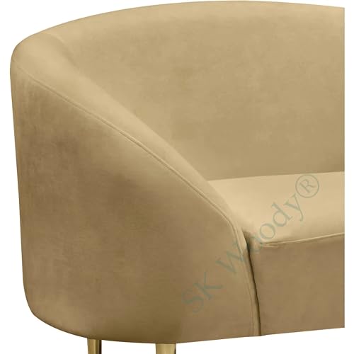 Image of Rosewood Luxury Curved Sofa in Premium Velvet-Fabric | Solid Wood Structure | High Density Foam | Sturdy Golden Legs | Comfortable & Stylish Couch for Modern Living Room (Camel, 1 Seater)