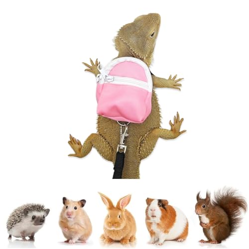 Image of Bearded Dragons Harness Leashes Set Cute Backpack Back to School Design for Small Pets Reptile Lizard Crested Gecko Chameleon Rat Hamster Squrriel Ferret Photo Shoot (Pink)