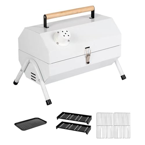 Mini parrilla portátil de carbón de acero inoxidable para barbacoa con cubierta para acampar al aire libre, parrilla de madera integrada, para picnic, barbacoa, fácil de llevar, accesorios de parrilla