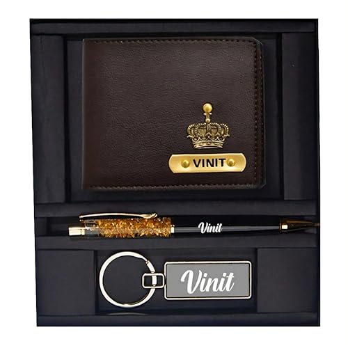 Image of Personalized Wallet for Men with Name & Charm | PU Leather Wallet, Pen & Keychain Combo Gift Set for Men | Birthday Anniversary Corporate Gift for Husband Boyfriend Father (Dark Brown)