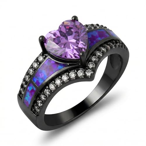 Black Engagement Ring for Women by Ginger Lyne | Heart Shaped Purple Mystic Topaz Color CZ Promise Band | Simulated Fire Opal Inlay Bridal Ring | Black Fashion, Simple Engagement Band Women