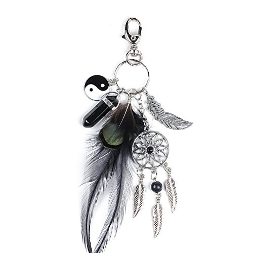 Dremisland keychain keyring natural opal stone dreamcatcher keyring fashion silver boho ornament feather keychainvv (Black)