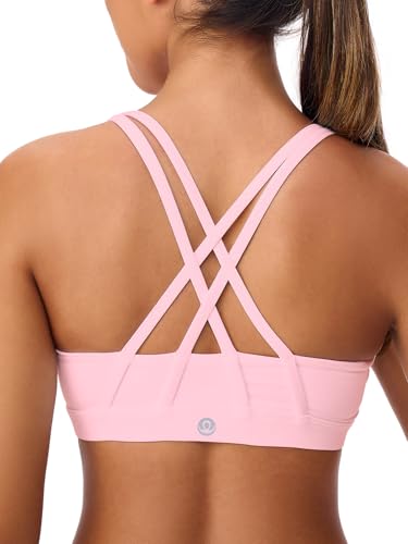 Image of Women's Strappy Sports Bras Light Compression Crop Criss Cross Back Padded Workout Yoga Bra Supportive U Neckline