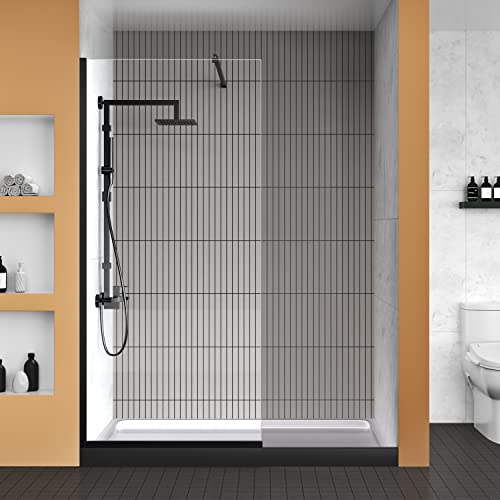 Delavin 34" W X 72" H Semi-Framed Shower Glass Panel, Shower Screen, Glass Shower Wall, 5/16" (8Mm) Sgcc Tempered Glass Shower Panel With Explosion-Proof Film, Fixed Shower Door, Matte Black #TOP1