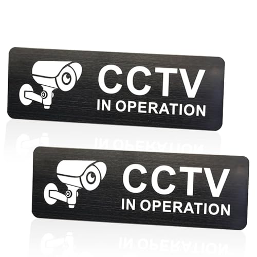 CCTV in Operation Sign, 2Pcs Aluminium CCTV Sign with Self-Adhesive, 15 * 5cm Brushed Metal, Waterproof UV-Resistant Camera Signs Outdoor for Home, Office, Store, Warehouse