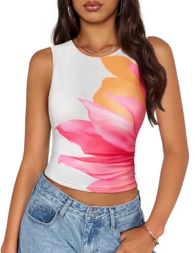 ZESICA Womens 2026 Summer Sleeveless Floral Tank Tops Mesh Y2K Crop Going Out Outfits Beach Vacation Trendy Clothes White Small