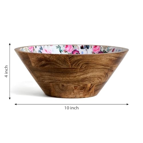 Image of SAAGA Handcrafted Mango Wood Serving Bowl - 10x4 Inch Printed Round Bowl | Food-Grade Finish for Noodles, Soups, Curries & Snacks - Red Violet
