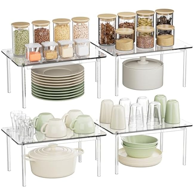 Spice Rack, Acrylic Cabinet Organizer Set of 4 Spice Cabinet Shelf Space Saving Kitchen Cabinet Organizer Multi Functional Storage Rack Essential Items for the House (4)
