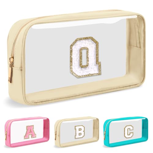 Personalized Initial Letter Clear Makeup Bag,Preppy Small Nylon&PVC Cosmetic Zipper Bag with Chenille Letter,Portable Beach Travel Skincare Toiletry Bag,Trendy Monogram Gift for Teen Girls Women,Q
