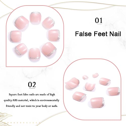 Handcess French False Toenails Nude Glossy Press on Toe Nail Ballerina Fake Toe Nails Full Cover Acrylic Toe Nail Art Tips for Women Girls 24Pcs - Image 3