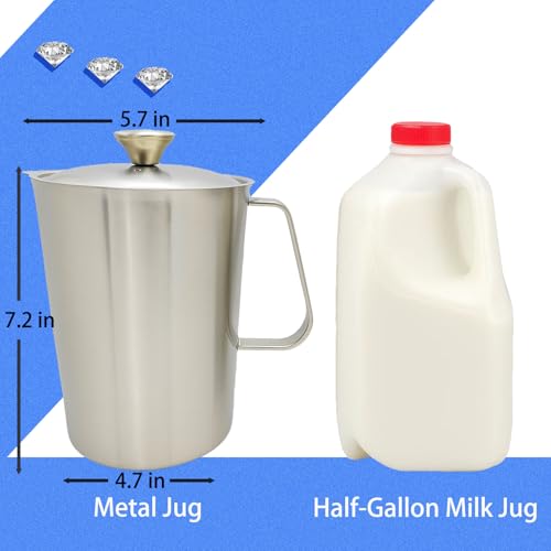 Stainless Steel Measuring Pitcher with Lid, 70 oz / 2L Large Metal Jug with Handle & Dual Scales, Wide Mouth Graduated Cup for Milk Frothing, Iced Tea, Espresso, Hot & Cold Water