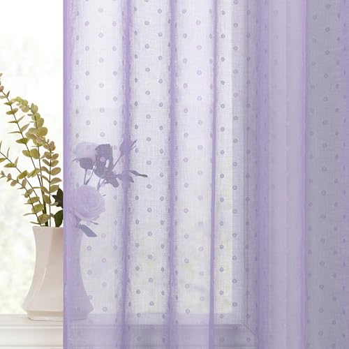Pitalk Lavender Polka Dots Curtains for Kids Bedroom Light Purple Semi Sheer Curtains for Bedroom 63 Inch Length Long 2 Panels Grommet Boho Small Window Drapes for Nursery Girls Room Decor 52 x 63