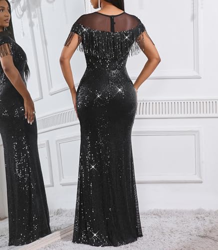 Image of Cololura Sexy Sequin Tassel Mesh Perspective Party Cocktail Bodycon Evening Club Maxi Dress