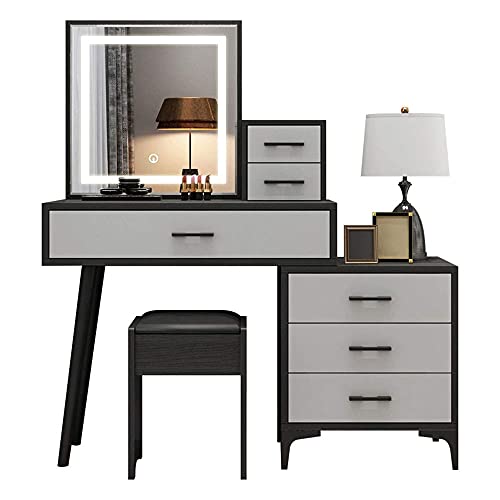 LEONYS Conjunto de Mesa de vanidad, Mesa de Maquillaje con Espejo LED y Taburete de Dormitorio de Taburete con 5 cajones de Almacenamiento (Size : 100CM)