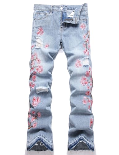Men Sakura Embroidery Boot Cut Denim Jeans with Released Hem