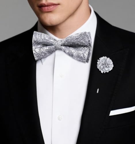 Image of Dubulle Mens Paisley Striped Bowtie Set Pre-tied Bowtie for Men and Pocket Square Set Wedding Business