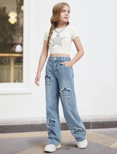 Image of Jeans for Girls Baggy Wide Leg Cute Bow High Elastic Waisted Denim Pants Y2K Boyfriend Skater Streetwear 7-14Y