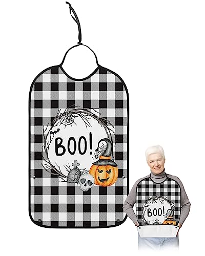 Halloween Adult Bibs for Eating, Waterproof Bibs with Food Catcher & Adjustable Snap Closure, Orange Pumpkin Bat Black White Plaid Washable Clothing Protectors Adult Bibs for Elderly Women/Men