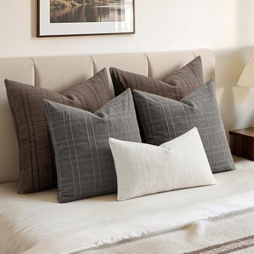 Image of MIULEE Decorative Linen Check Lumar Throw Pillow Covers Neutral Farmhouse Vintage Pillow Covers 20x20 Inch Set of 2 Boho Modern Home Decor for Sofa Couch Bedroom Cushion Chair Charcoal Gray