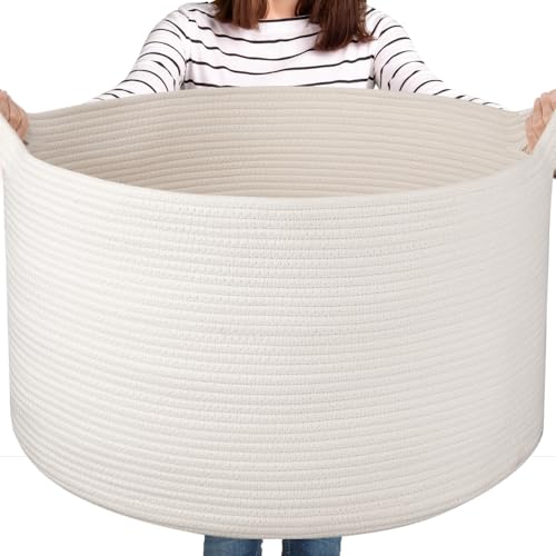 Image of OIASKET Large Woven Baskets for Storage, 22.8" x 22.8" x 13" Blanket Storage Living Room, Baby Toy Basket for Clothes, Pillows, Towels, Shoe Basket for Entryway (White)