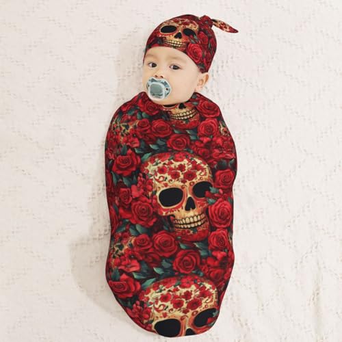 Image of Red Floral and Skulls Newborn Swaddle Blankets Hat Sets Soft Baby Receiving Blanket Swaddle Sack for Baby Shower Infant Boy Girl Gift