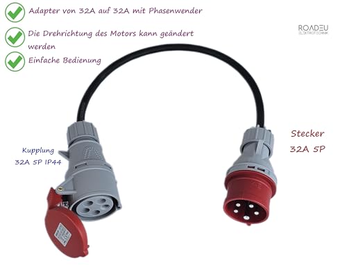 RoadEu - CEE Adapter 32A auf 32A mit Phasenwender – Starkstrom Verlängerung 32A Stecker auf Kupplung – 0,5m Gummikabel 5x4mm² – Industrie & Baustelle – IP44