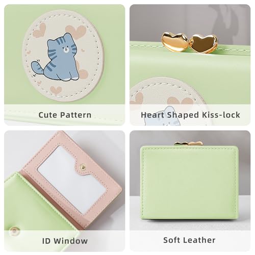 Wallet Women, Small Cute Cat Trifold Wallets Woman, Ladies Wallet with Heart Shaped Kiss-lock Coin Purse Pouch with ID Window for Card Cash Change (Green)3