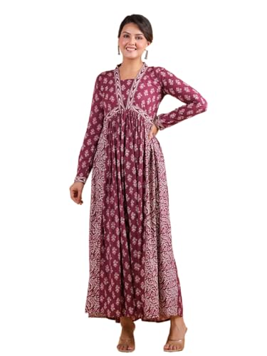 Image of Vbuyz Women's Floral Print Anarkali Cotton Aqua Blue Stitched Kurta | Anarkali Kurti for Women | Kurta for Women
