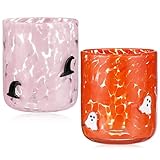 Yoiemivy 2 Pack Halloween Icon Juice Glasses 14 oz Double Old Fashioned Icon Handblown Stemless Wine Glasses Cute Ghost Glass Drinking Cups for Halloween Fall Party Supplies