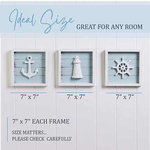 TideAndTales Nautical Wall Decor Set of 3 (7"x7") Rustic Beach Decor with 3D Anchor, Lighthouse and Ship Wheel - Wooden Beach Bathroom Decor - Ocean Coastal Theme Decorations for Home Nautical Gifts
