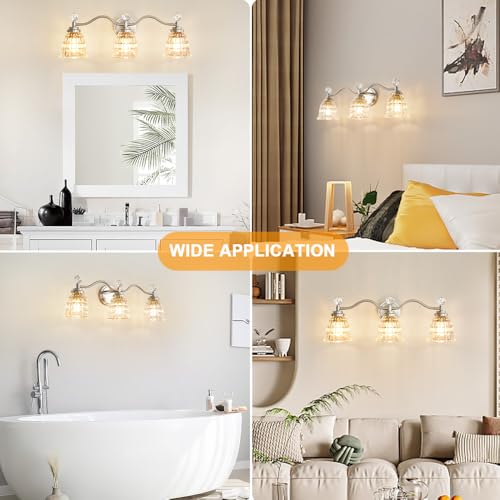Image of Brushed Nickel Bathroom Light Fixtures Modern Vanity Lights with Crystal Shades, 3 Light Bathroom Vanity Light Wall Sconce Lighting for Bath-Room Ladies Room, Powder Room