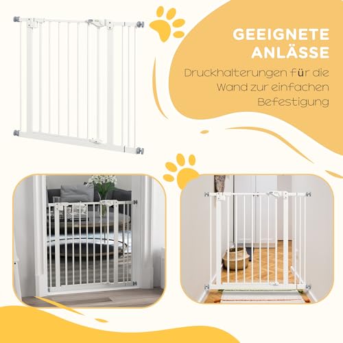 PawHut Türschutzgitter Treppenschutzgitter mit 7 cm Verlängerung Türgitter ohne Bohren mit Auto-Close Treppengitter für Breiten 74-87 cm Beidseitig Schwenkbar Metall Weiß