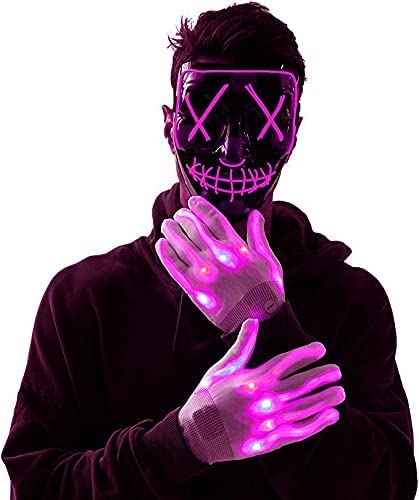 LED Scary Mask and Gloves, The New 12 Colors Glowing Gloves +ice blue mask Glitter Skull Finger Gloves Glow in the Dark Gloves Novelty Gloves Toys New for Christmas (Pink)