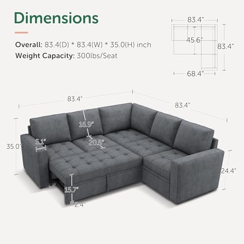 Image of HONBAY Modular Sectional Sofa with Pull Out Bed Convertible L Shaped Couch with Storage Seat Sleeper Sectional Couches for Living Room,Warm Bluish Grey