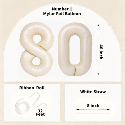 Image of Number Balloons for Birthday Decorations - 40 Inch Large Party Balloons 80, Cream Foil Number Balloons for Boys Girls, Balloons for Party Supplies