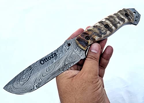 Ottoza Handmade Damascus Bushcraft Knife & Ram Horn Handle - Survival Knife - Camping Knife - Tactical Knife - Damascus Hunting Knife with Sheath - Horizontal Carry Knife & Vertical Knife No:308