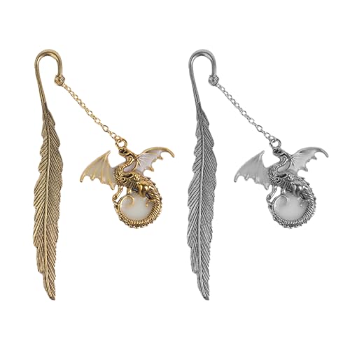 VOANZO 2pcs Luminous Metal Feather Bookmark 3D Flying Dragon Pendant Retro Unique Luminous Bookmark Gift For Book Lovers Men And Women (Gold