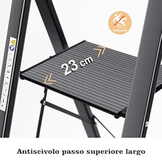 KINGRACK Scala 5 Gradini in Alluminio, Leggera con Corrimano, Blocco di Sicurezza, Pedali Antiscivolo, Scala Pieghevole per Cucina Garage Casa, Salvaspazio, Robusta e Portatile, Massima 150kg, Nero