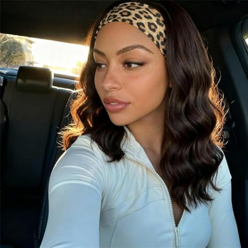 CINHOO Curly Brown Headband Wigs for Black Women 14inch Short Dark Brown Mix Blonde Highlight Headband Wig for Women Loose Wave Head Band Wig Synthetic WIgs with Headbands Attached (6/8#)