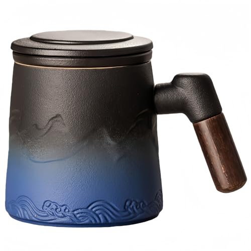 Vyloky Zen Gradient Ceramic Mug with Lid & Tea Filter, 330 ml Rustic Tea Cup, Office & Home Drinkware with Wood Handle (3 Colours) (Black-Blue Gradient)