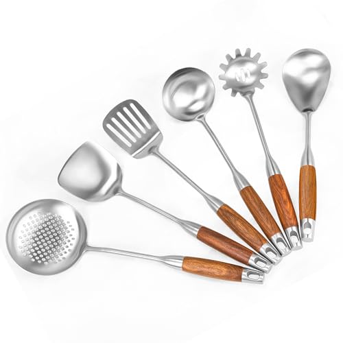 18/10 Stainless Steel Kitchen Utensils Set 6 Pcs Cooking Utensil with Wood Handle, 15.5” Long Spatula, Soup spoon, Leaking shovel, Spaghetti Spoon Kitchen Tools Set (Wood handle - 6 Piece)