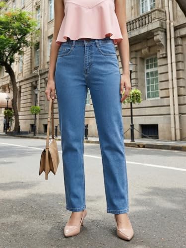 Image of Urbano Fashion Women's High Rise Straight Fit Washed Jeans Non-Stretchable