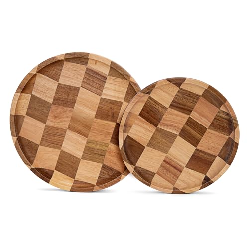 Wood Serving Trays - Set of 2 Round Serving Platters, Wooden Decorative Board Charcuterie Boards for Serving Breakfast Dinner Appetizers Coffee BBQ Party (1 x 9.4 in, 1 x 7.8 in)