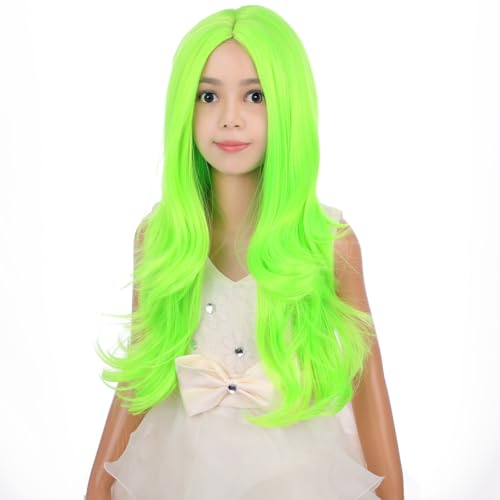Image of PATTNIUM Lime Green Wig for Kids Girls Long Wavy Curly Neon Green Wig Bright Green Wig Fluorescent Green Synthetic Wig