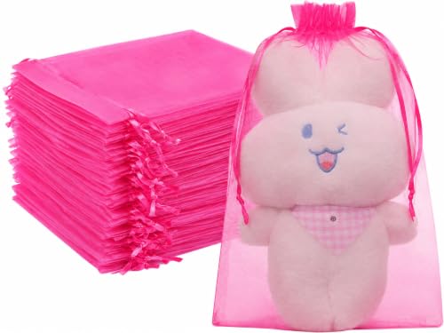 Image of FUNFERY 100PCS Hot Pink Organza Gift Bags 6x9in,Drawstring Jewelry Pouch