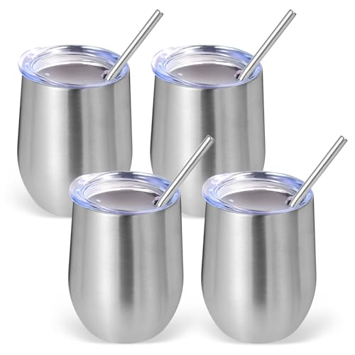 Volhoply Vaso De Vino De Acero Inoxidable De 12 Onzas Con Tapa, Paquete De 4 Unidades, Copas De Vino Sin Tallo Al Vacío De Doble Pared, Taza De Café De Viaje De Metal Reutilizable Con Popote, Tazas