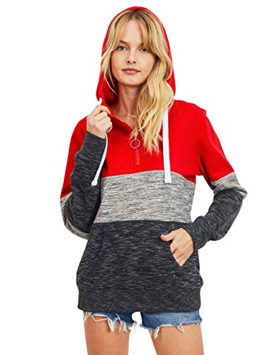esstive Women's Ultra Soft Fleece Midweight Casual Tri-Color Block 1/4 Zip-Up Pullover Hoodie