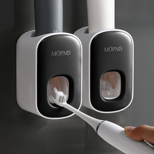 MOPMS Toothpaste Dispenser Wall Mounted for Bathroom Automatic Toothpaste Squeezer for Kids and Adult (Black-2PCS)