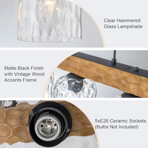 Image of 43.3 inch Farmhouse Linear Chandelier 5 Light Wood Linear Pendant Light with Hammered Glass Shades Rustic Dining Room Light Fixture Over Table Kitchen Island